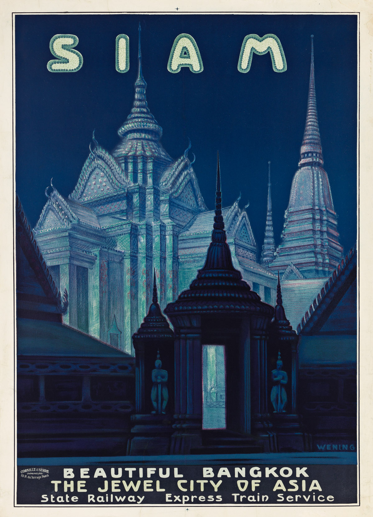 MICHAEL RUDOLF WENING (1893-1970).  SIAM / BEAUTIFUL BANGKOK / THE JEWEL CITY OF ASIA. Circa 1920s. 40¾x29½ inches, 103½x75 cm. Cornill